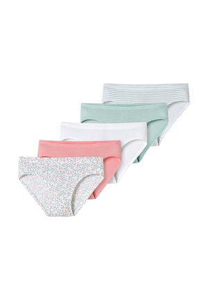 Fünf Unterwäschestücke aus Baumwollmischung. Mit einem floralen Druck, einfarbig in Rosa, Weiß, Mintgrün und gestreiften Designs. Glatte Textur, klassischer Schnitt.