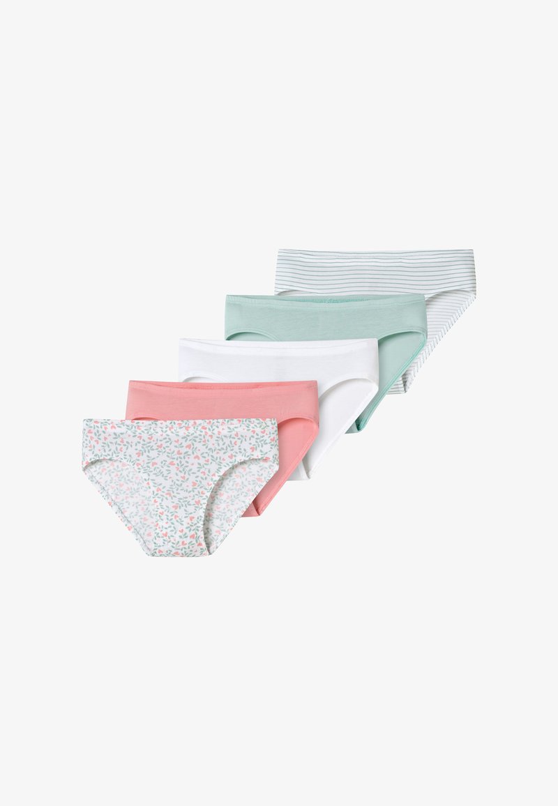 Fünf Unterwäschestücke aus Baumwollmischung. Mit einem floralen Druck, einfarbig in Rosa, Weiß, Mintgrün und gestreiften Designs. Glatte Textur, klassischer Schnitt.