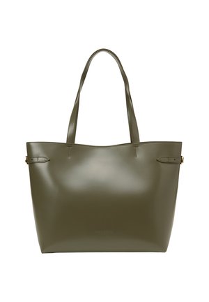 Borsa a tracolla verde oliva realizzata in materiale liscio e lucido; presenta due spallacci e dettagli in cucitura discreti. Nessun hardware visibile.