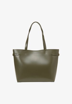 Olijfgroene tas gemaakt van glad, glanzend materiaal; heeft twee schouderbanden en subtiele stikdetails. Geen zichtbare hardware.