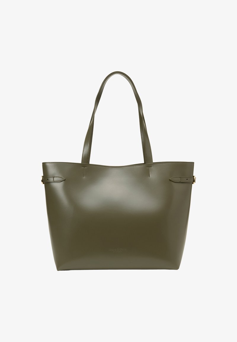 Zielona oliwkowa torba tote wykonana z gładkiego, błyszczącego materiału; posiada dwa paski na ramię i subtelne detale w szyciu. Brak widocznych elementów metalowych.