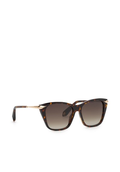 Lunettes de soleil carrées en écaille avec verres marron dégradés et accents dorés sur les branches et les coins de la monture.