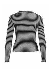 Randig långärmad topp i grått och svart, ribbad textur, figurnära design, scallopade kanter vid nederkant och halsringning.