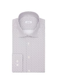 Camicia a bottoni bianca con un motivo paisley viola, dotata di colletto classico e polsini con un bottone. Realizzata in tessuto leggero.