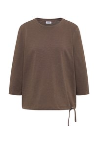 Haut décontracté à manches longues marron avec col rond et détail à cordon ajustable sur l'ourlet gauche.