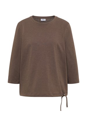 Brązowa, długorękawowa, casualowa bluzka z okrągłym dekoltem i regulowanym sznurkiem po lewej stronie na dole.