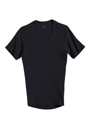 Black short-sleeve T-shirt made from soft fabric, featuring a V-neck design and a straight hem with no visible patterns or hardware.