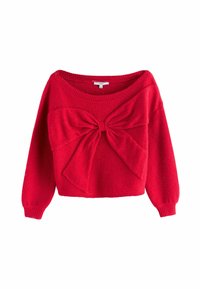 Red knitted sweater with long sleeves, featuring a large front bow detail. Soft texture and a wide neckline with ribbed cuffs and hem.