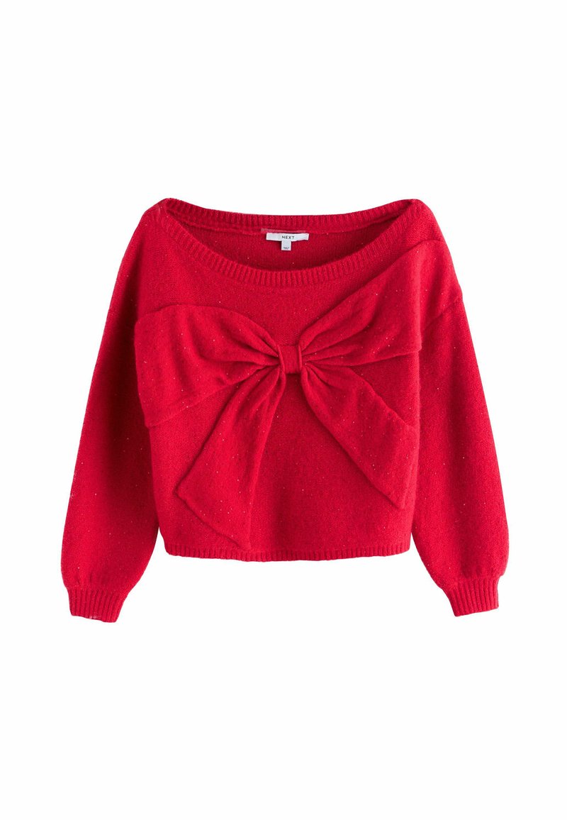 Red knitted sweater with long sleeves, featuring a large front bow detail. Soft texture and a wide neckline with ribbed cuffs and hem.