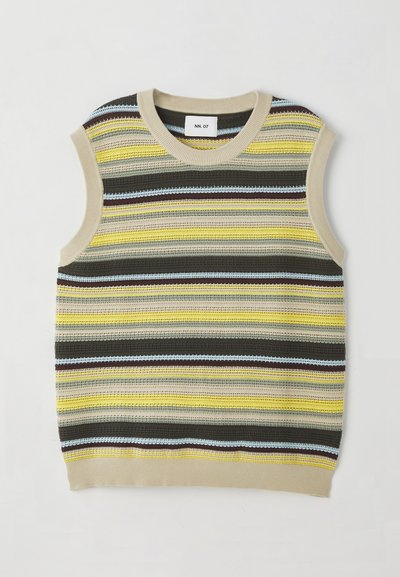 Strikket ærmeløs top med vandrette striber i gul, grøn, brun og blå. Rund halsudskæring med ribbet beige kant. Textureret stof.