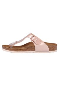 Lys rosa flip-flop sandal med en blank overdel, korkfotseng og en teksturert gummisåle. Har en justerbar metallspenne.