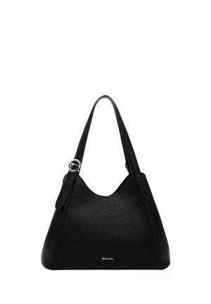 Black leather handbag with a textured surface, curved design, and two shoulder straps. Features silver-toned hardware and minimal branding.
