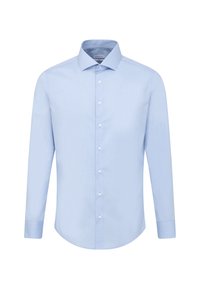 Camicia a maniche lunghe blu chiaro in cotone, con chiusura a bottoni sul davanti, colletto a punta e polsini a un bottone, dal tessuto morbido.