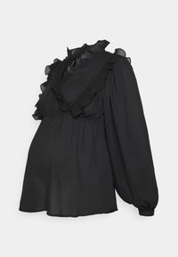Blusa preta com gola e mangas com folhos. Apresenta uma cintura elástica franzida e um tecido liso. Mangas longas bufantes com punhos justos.