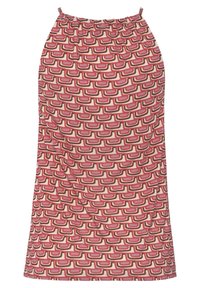 Halsternekjurk van zachte stof met een abstract roze-bruin geometrisch patroon, een gerimpelde halslijn en een rechte silhouet.