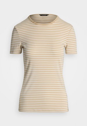 Kortærmet t-shirt lavet af let stof, med vandrette beige og creme striber, rund hals og tætsiddende design.