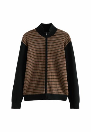 Zip-up sweater featuring a brown checkered pattern on the upper half and solid black fabric on the sleeves and lower section.
