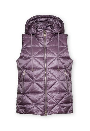 Gepolsterte lila Weste mit Kapuze, mit einem Steppmuster, zwei seitlichen Reißverschlusstaschen und einem Frontreißverschluss. Glatte, glänzende Stoffstruktur.