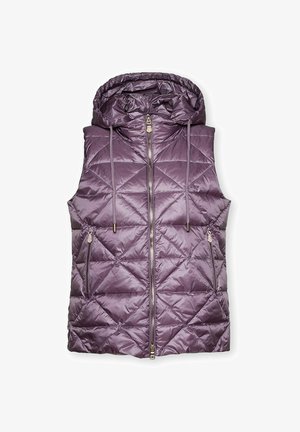 Gepolsterte lila Weste mit Kapuze, mit einem Steppmuster, zwei seitlichen Reißverschlusstaschen und einem Frontreißverschluss. Glatte, glänzende Stoffstruktur.