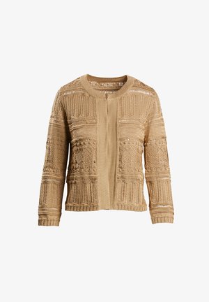 Beige neulejakku, jossa on avoin kuvio, pyöreä kaula-aukko ja pitkät hihat. Sisältää strukturoidut geometriset muotoilut ja etukappaleen sulkemisen.