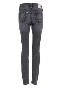 Jeans in denim grigio scuro a vestibilità slim, con una texture liscia, caratterizzati da cuciture decorative, due tasche posteriori e un piccolo etichetta del marchio in vita.