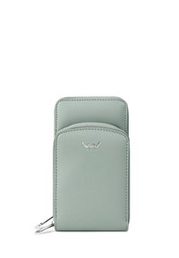 Mint green leather wallet with a smooth texture, featuring two zippered compartments and a silver logo at the top.