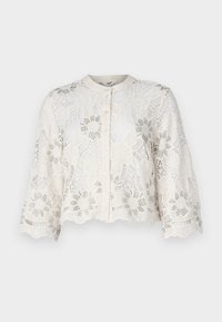 Krajková blůza v krémově bílé barvě s květinovými vzory, zkrácená délka, zapínání na knoflík a tříčtvrteční zvonové rukávy. Prošitá textura po celé ploše.