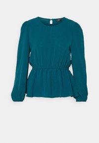 Blusa lunga teal a maniche lunghe con scollo rotondo, vita elasticizzata e design a peplo arricciato. Texture liscia, chiusura con apertura a goccia sul retro.