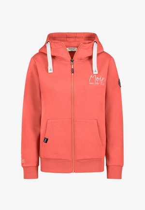 Coral zip-up hoodie with white drawstrings, front pockets, ribbed cuffs, and "Moin von der Küste" text on the chest.
