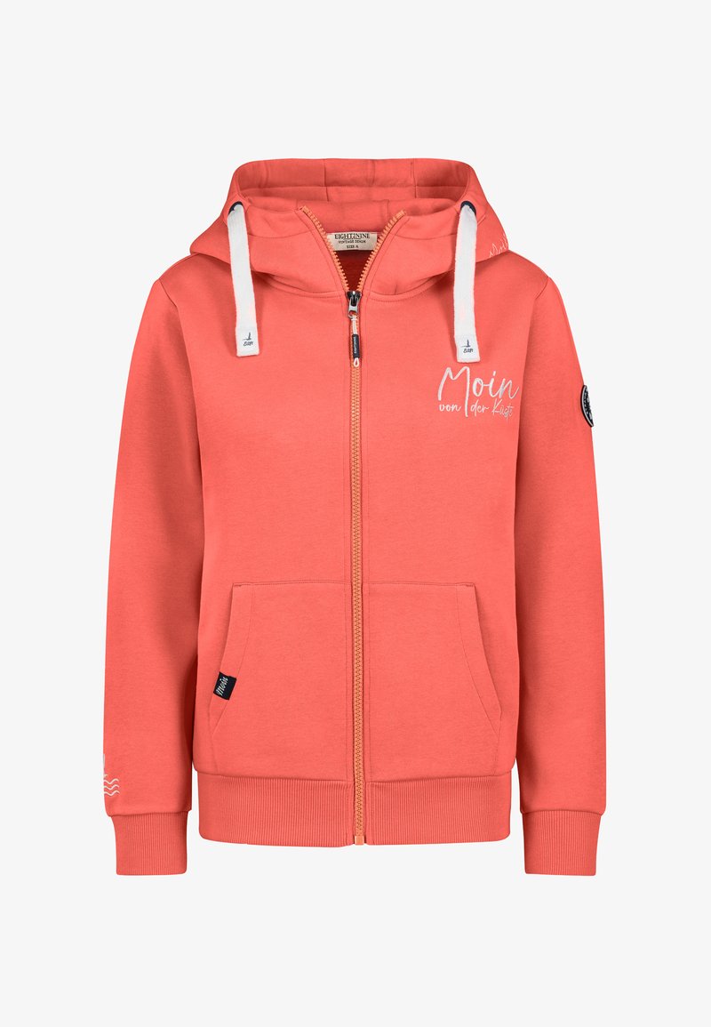 Koraal kleurige zip-up hoodie met witte trekkoorden, voorzakken, geribde manchetten en de tekst "Moin von der Küste" op de borst.