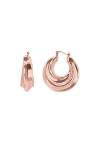 Boucles d'oreilles en or rose avec un design torsadé et une finition brillante, dotées d'une fermeture à charnière sécurisée. Texture lisse et courbes distinctes.