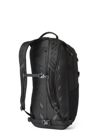 Black backpack with mesh panels, adjustable straps, multiple compartments, and a sleek, structured design. Features buckle closures and ventilation.