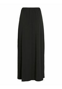 Jupe maxi noire en tissu léger et doux, dotée d'une taille élastique et d'une coupe évasée pour un mouvement fluide.