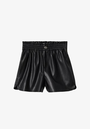 Schwarze Shorts aus Kunstleder mit elastischem, gerafftem Bund, vorderer Knopfverschluss und abgerundeten Saumdetails.