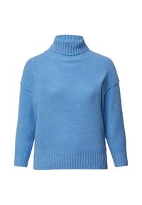 Niebieski sweter z golfem, z prążkowanym kołnierzem, mankietami i dolnym wykończeniem, wykonany z miękkiego, strukturalnego materiału, z opadającymi szwami na ramionach.