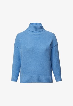 Pull bleu à col roulé avec col, poignets et ourlet côtelés, présentant un tissu texturé doux et des coutures d'épaule tombantes.