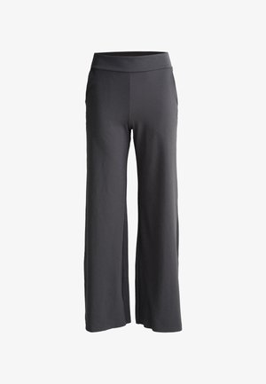 Spodnie z szerokimi nogawkami w ciemnoszarym kolorze z miękkiego materiału. Mają wysoki elastyczny pasek w talii oraz boczne kieszenie dla dodatkowej funkcjonalności.