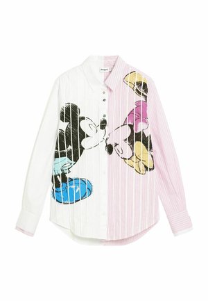 Cămașă cu mâneci lungi, cu nasturi și design împărțit; albă cu pantofi albaștri și personaj negru în stânga, dungi roz și personaj galben-roz în dreapta.