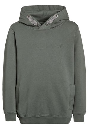 Mørkegrå-grøn hættetrøje med ribkanter ved ærmer og kant, snore i hætten og en lille broderet logo på brystet.