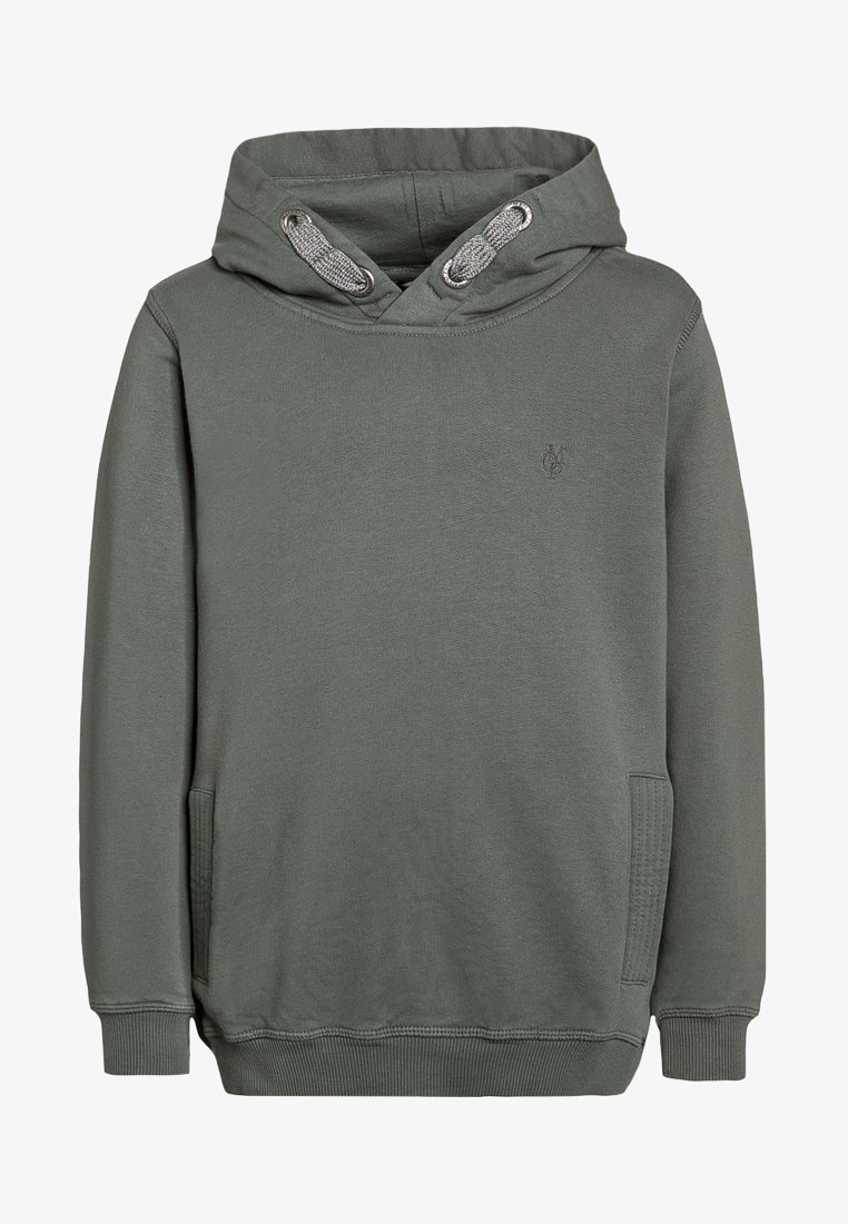 Sweat à capuche gris-vert foncé avec poignets et ourlet côtelés, cordons dans la capuche, et petit logo brodé sur la poitrine.