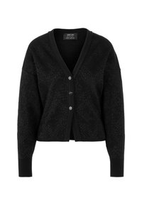Black cardigan with a textured pattern, featuring a V-neckline, four front buttons, and ribbed cuffs. Short, boxy design.