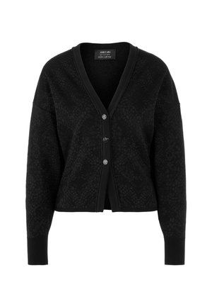 Black cardigan with a textured pattern, featuring a V-neckline, four front buttons, and ribbed cuffs. Short, boxy design.