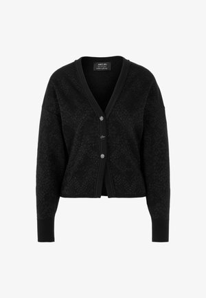 Black cardigan with a textured pattern, featuring a V-neckline, four front buttons, and ribbed cuffs. Short, boxy design.