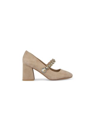 Beige suede high-heeled shoes with a square toe, featuring a decorative strap embellished with clear stones and a sturdy block heel.