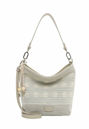 Hellbeige perforierte Schultertasche mit verstellbarem Riemen, dekorativem geflochtenem Quaste mit Perlen und "Suri Frey" Logo-Patch vorne.