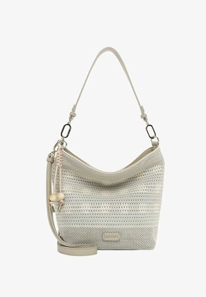 Sac à épaule beige clair perforé avec bandoulière réglable, pompon tressé décoratif avec perles et écusson logo "Suri Frey" sur le devant.