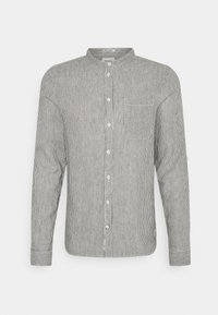 Schwarz-weiß gestreiftes Langarmhemd. Mit Stehkragen, Knopfleiste vorne, einer Brusttasche und geradem Saum. Leichter Stoff.