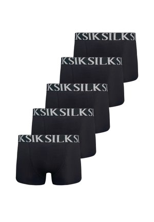 Five black boxer briefs with "SILK" branded gray elastic waistbands, stacked diagonally on a white background.