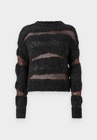 Black cropped sweater with textured knit, featuring horizontal open weaves and contrasting orange threads. Long sleeves with ribbed cuffs.