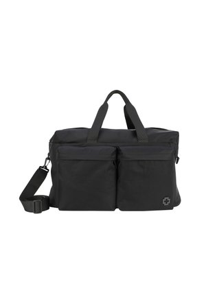 Black fabric duffel bag with two front pockets, adjustable shoulder strap, and two top handles. Features a logo accent on the side.